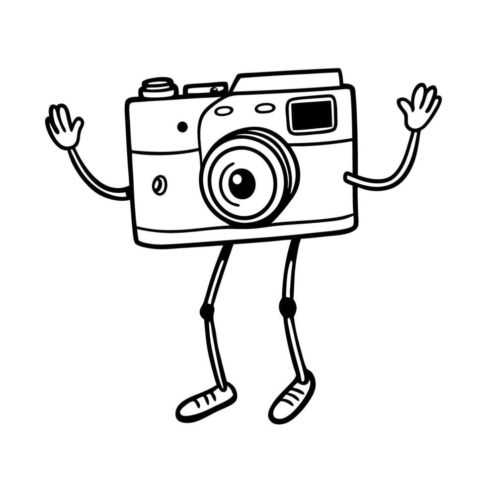 playful camera character waving, illustration cheerful symbol, quirky design vector