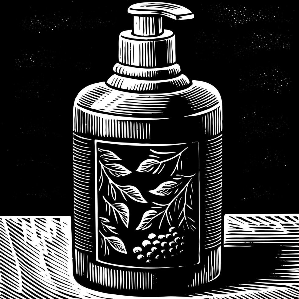 Engraved Soap Dispenser with Leaf Design in Black and White vector