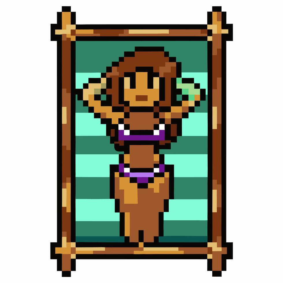Pixel Art Woman Relaxing on Beach Towel in Bikini with Green Striped Background vector