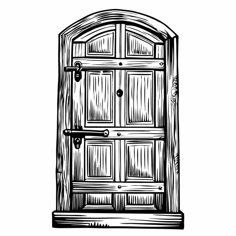 Vintage Wooden Door Illustration with Detailed Hand Drawn Design vector
