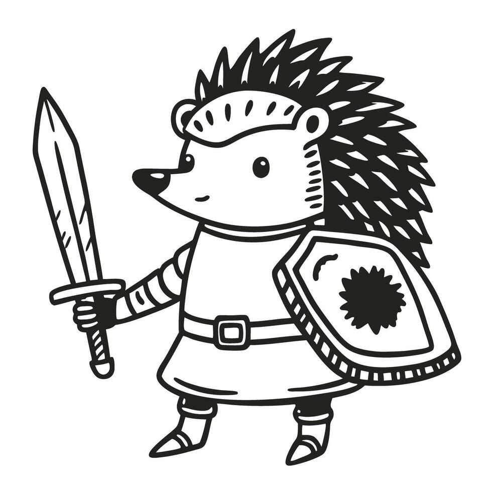 knight hedgehog with sword and shield, medieval warrior illustration vector