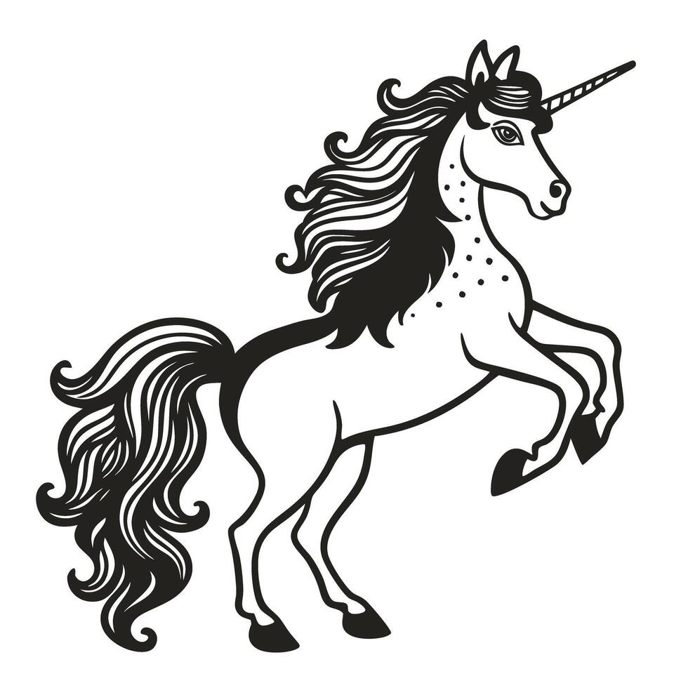 elegant unicorn illustration mythical creature with flowing mane and horned head in black and white graphic art vector