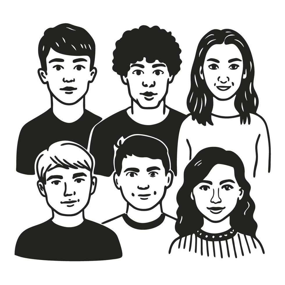 Illustrated diverse group of six people, monochrome style, friendly expressions, male and female diverse features vector