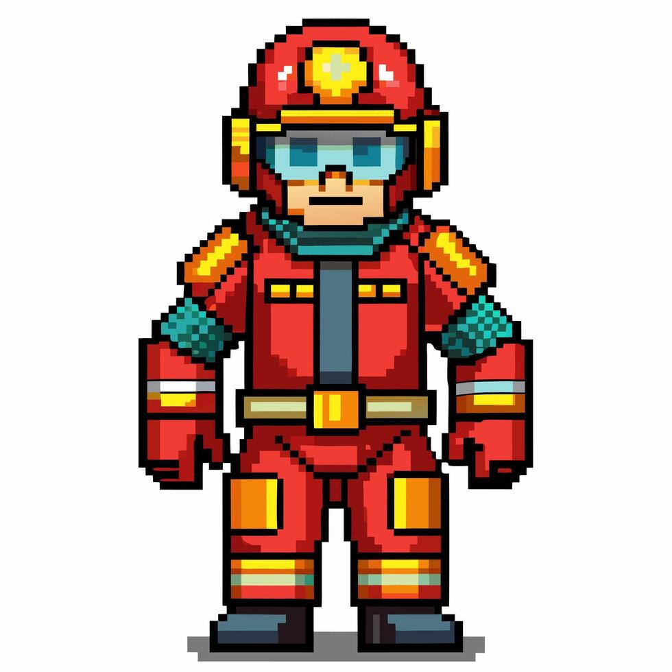 Pixel Art Firefighter in Red Protective Gear with Helmet vector