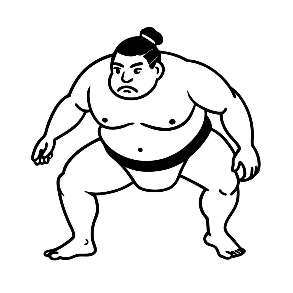 Sumo wrestler in traditional stance, black and white line art illustration vector