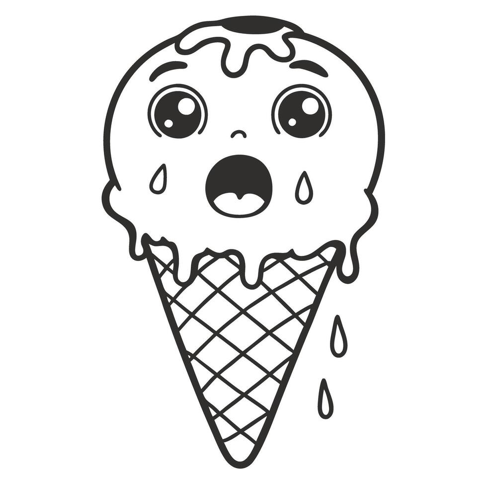 shocked ice cream cone illustration with wide eyes and melting drips black and white style, playful design vector