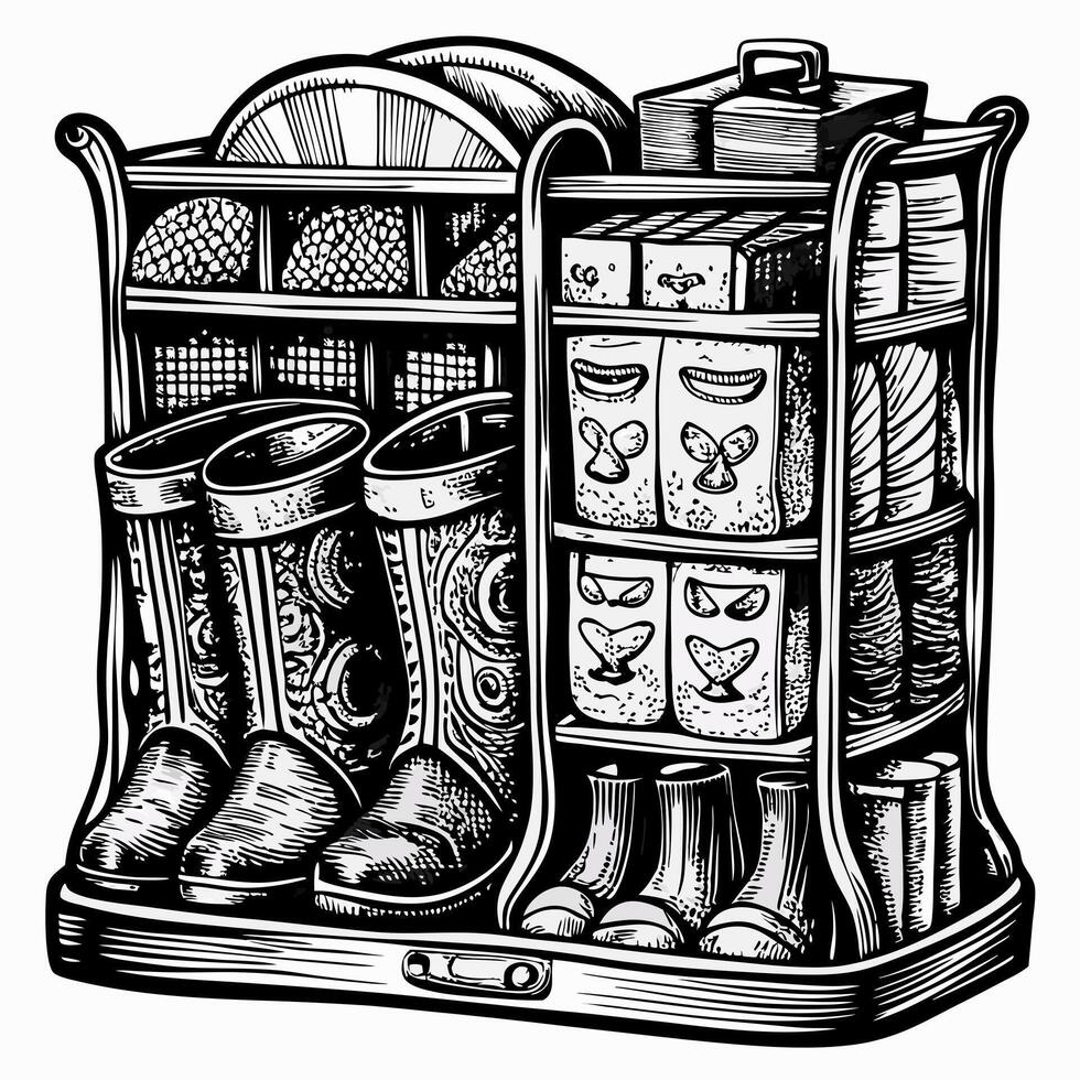 Vintage Hand Drawn Pantry Shelf with Kitchen Utensils, Boots, and Jars Illustration vector