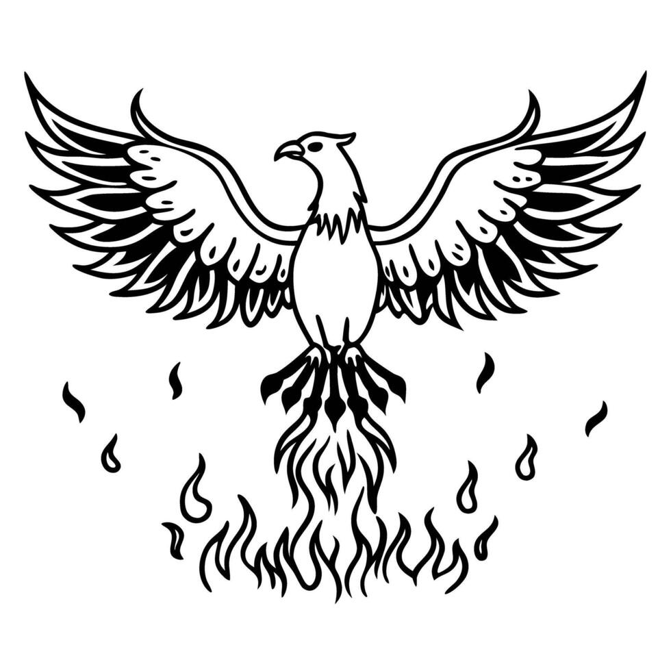 Phoenix rising from flames mythical bird symbol, rebirth, and transformation black and white illustration vector