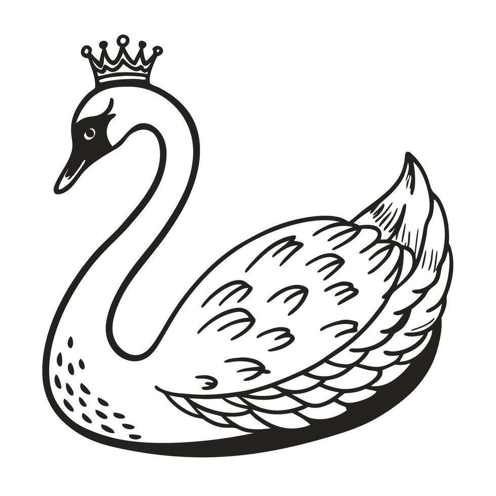 Regal swan with crown, elegant bird illustration in black and white line art vector