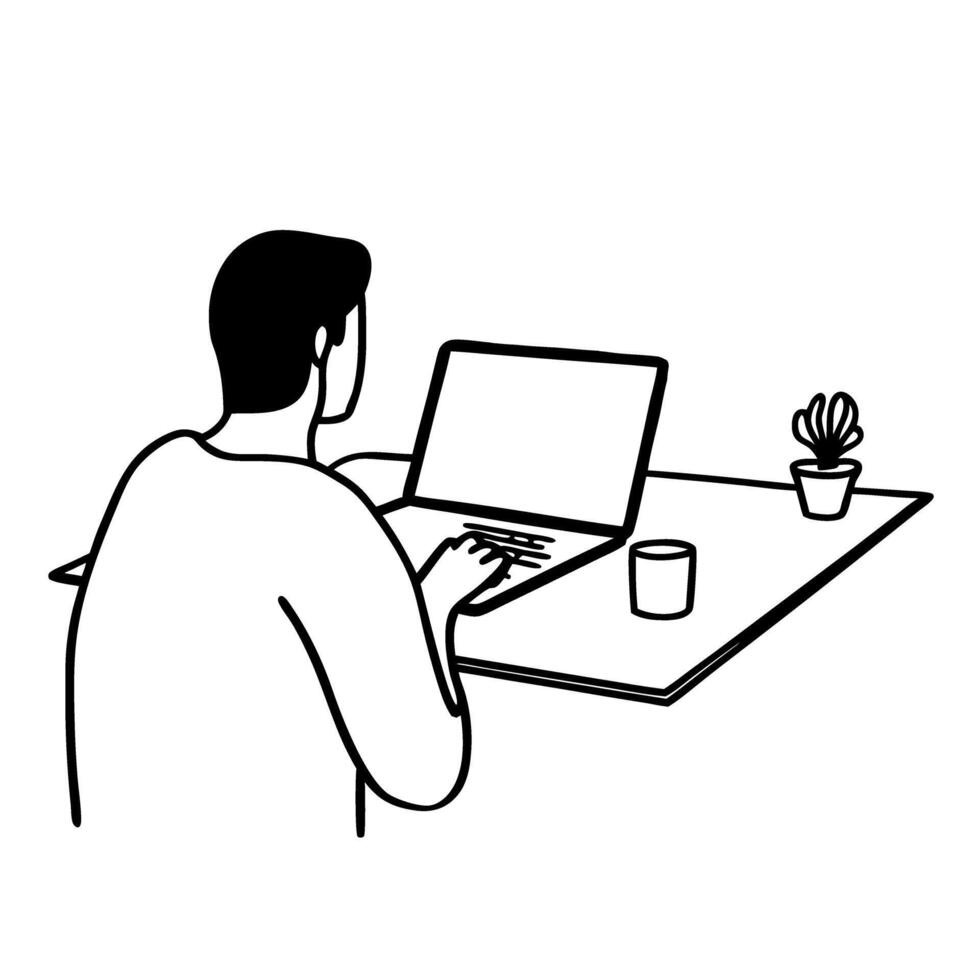 person working on laptop with coffee and plant minimalistic black and white line art illustration of remote work environment vector