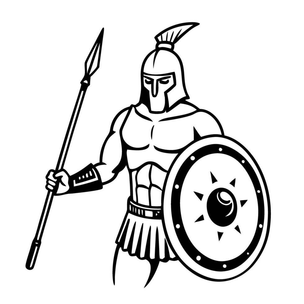 Spartan warrior illustration ancient greek soldier with helmet, spear, and shield warrior stance in armor vector