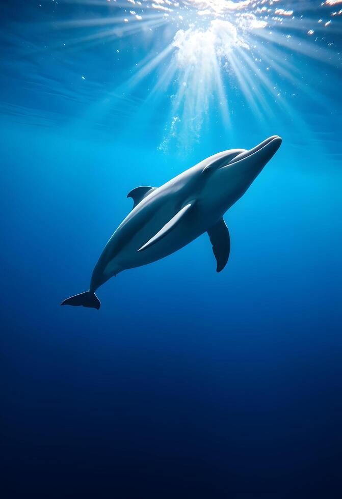 Dolphin Swimming Gracefully Underwater with Sun Rays Penetrating the Ocean photo