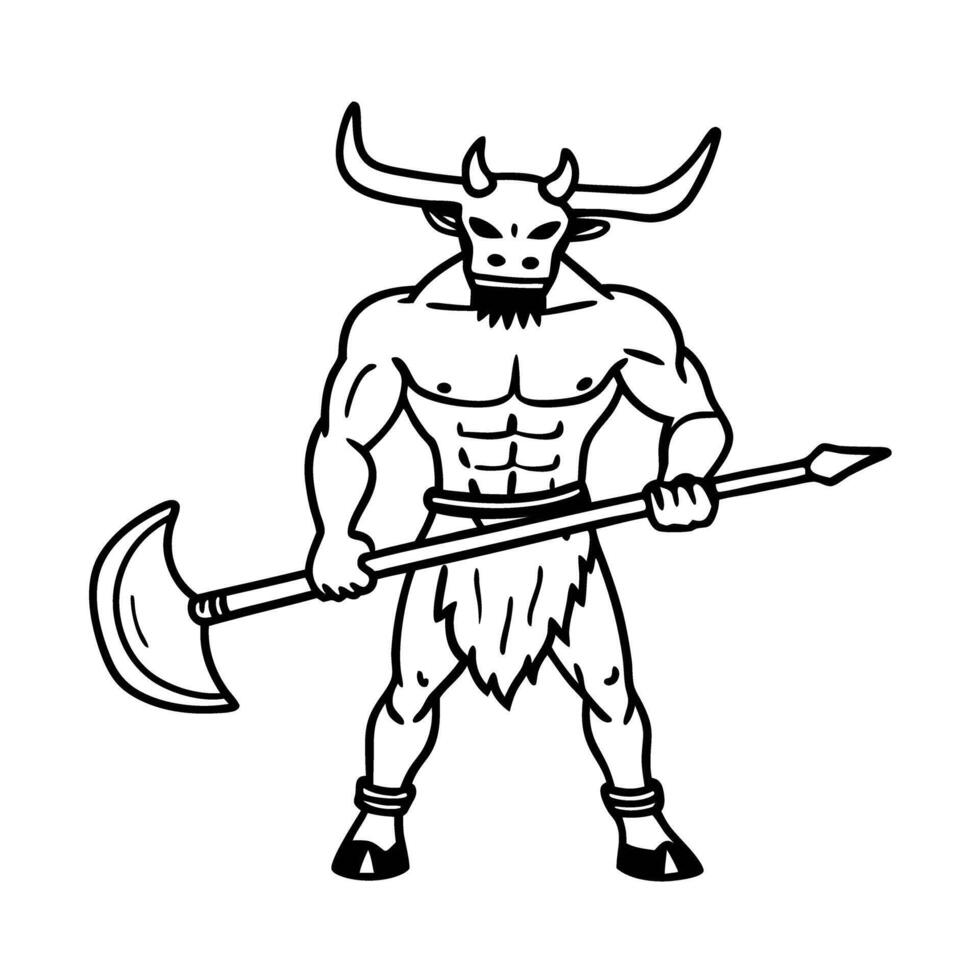 Minotaur with battle axe mythical greek creature, strength and power symbol, black and white illustration vector