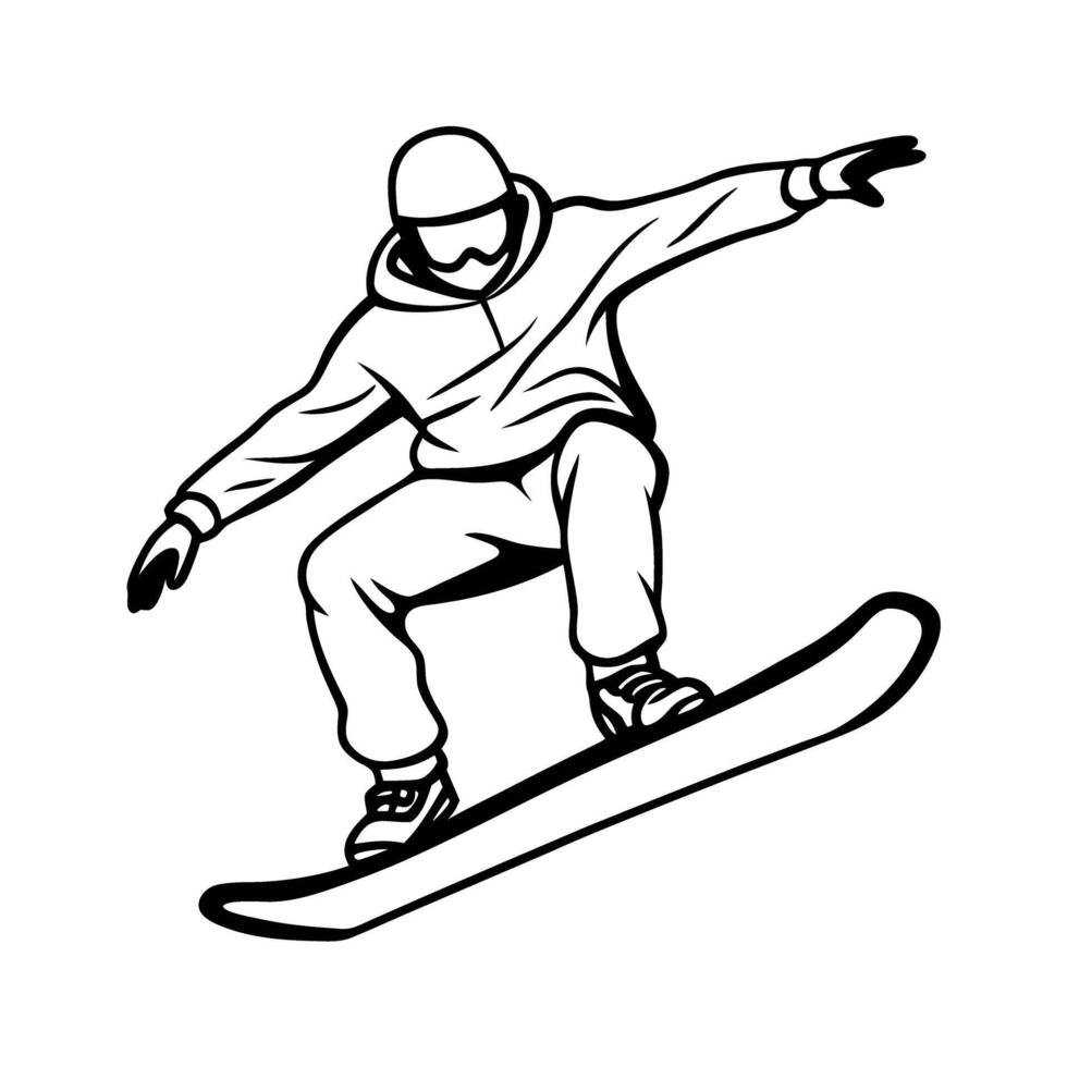 snowboarder in mid air winter sports, extreme action black and white illustration, dynamic freestyle jump vector