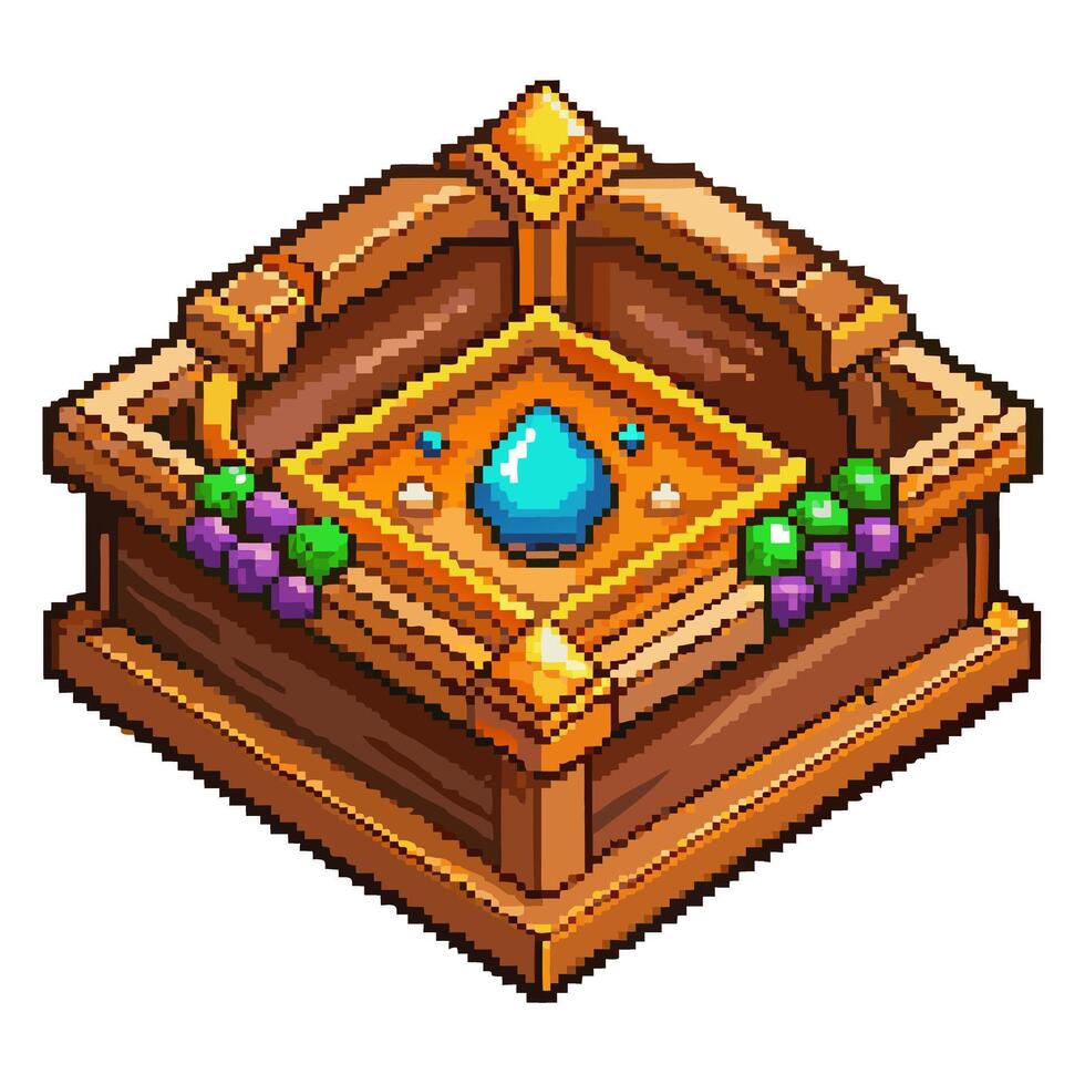 Isometric Pixel Art Treasure Chest with Gem and Ornaments vector