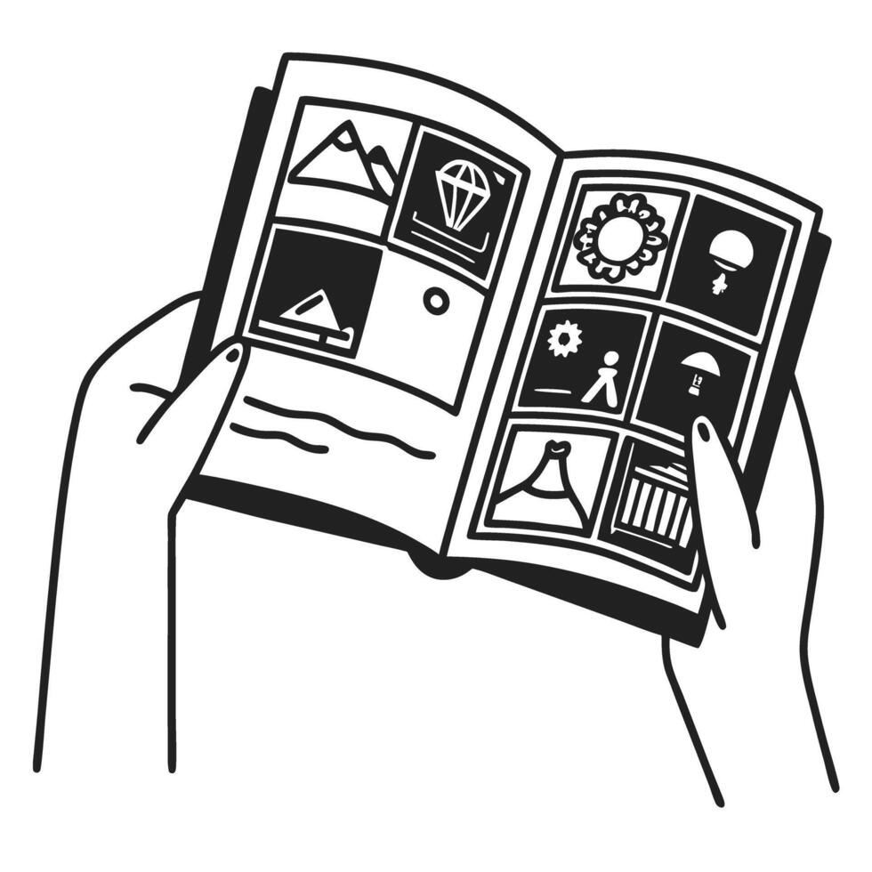 Hands holding open book with illustrated icons and photos inside vector