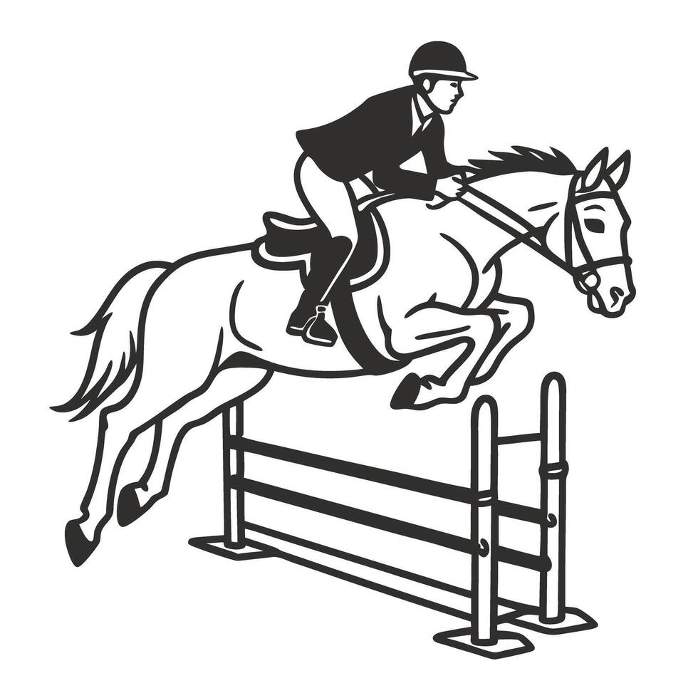 Equestrian jumping horse with rider sport competition, athlete in action over hurdle vector