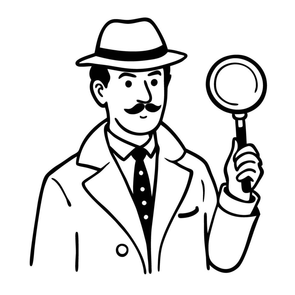 classic detective illustration man with magnifying glass, vintage attire, mystery investigation concept vector