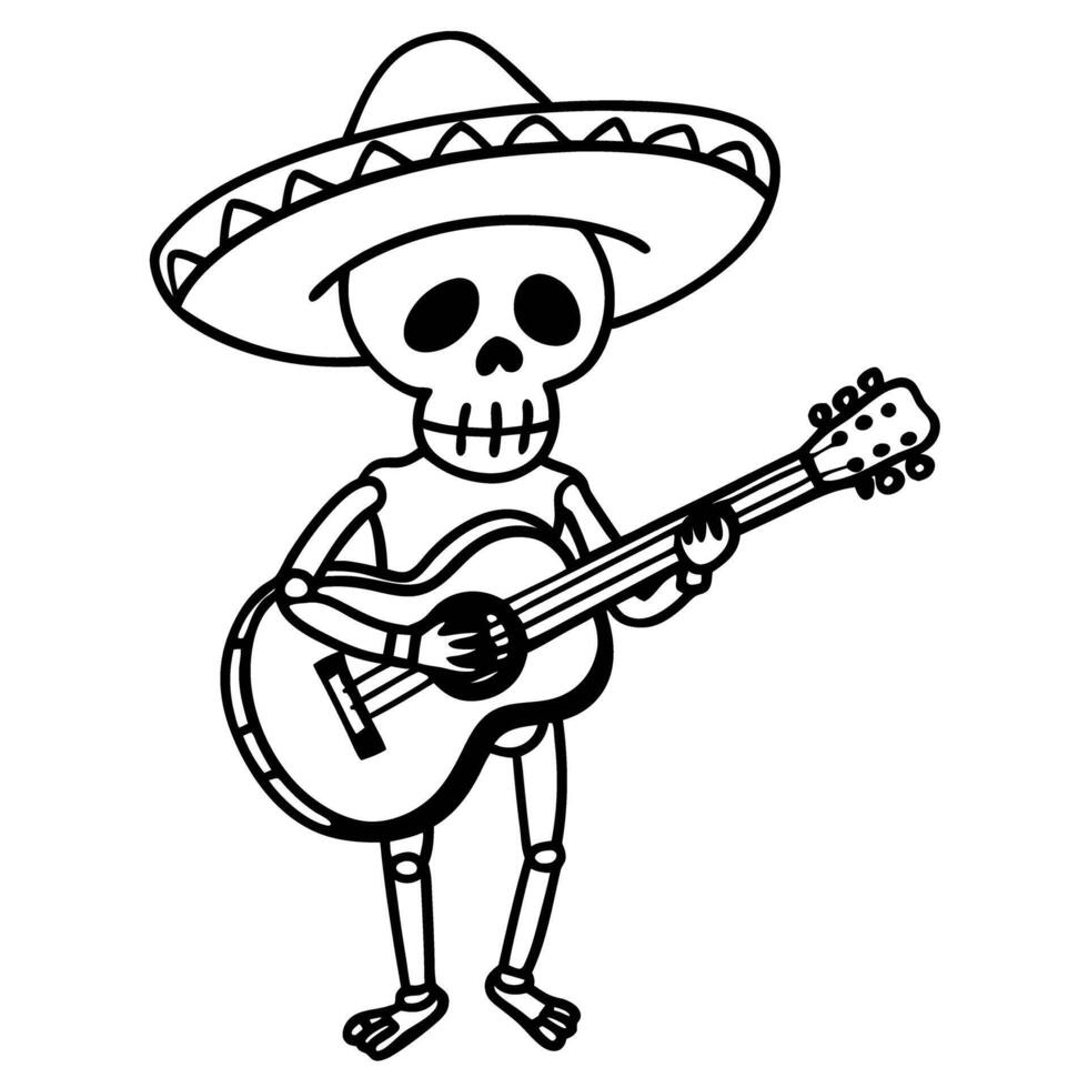 Skeleton playing guitar in sombrero day of the dead themed illustration, festive celebration with skull character vector