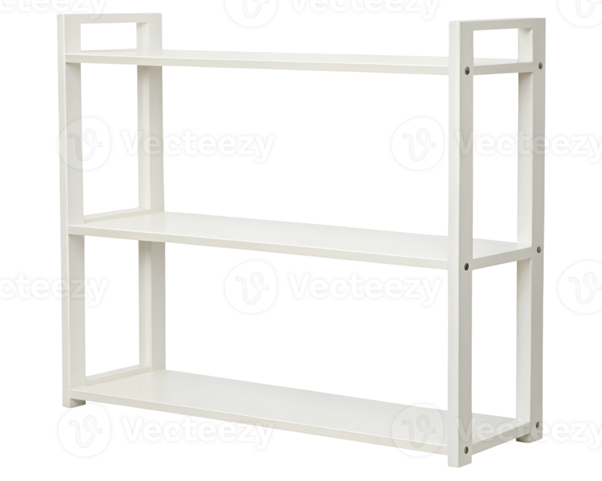 White three-tiered shelving unit on a transparent background png