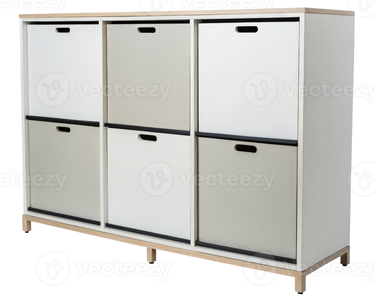 White cabinet with storage boxes on a transparent background png