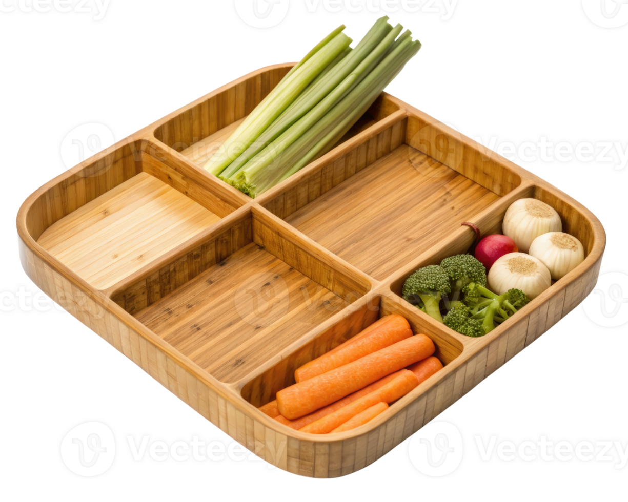 Bamboo serving tray with compartments on a transparent background png