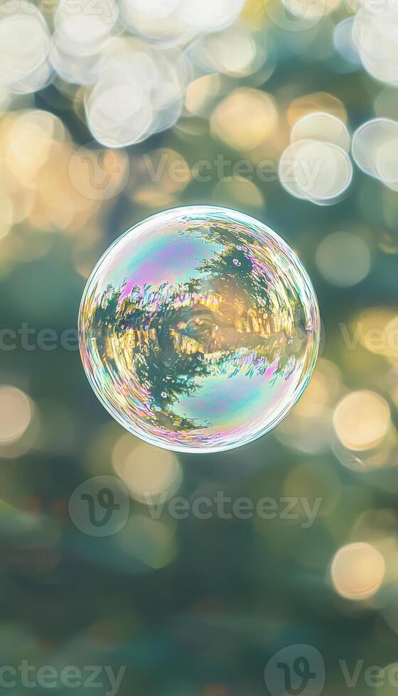 Iridescent Soap Bubble Floating in Sunlit Outdoor Setting photo