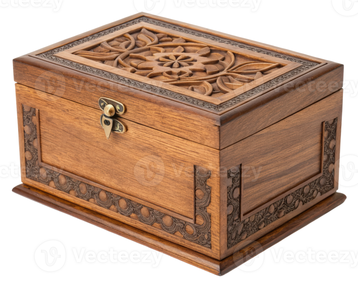 Intricately carved wooden box on a transparent background png