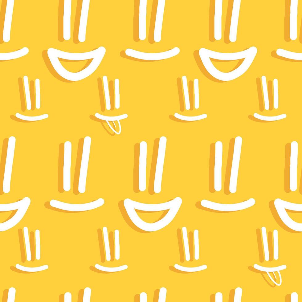 Abstract doodle seamless pattern with smile emoji. Fabric print template with hand drawn face symbol. Trendy yellow background for kids. vector