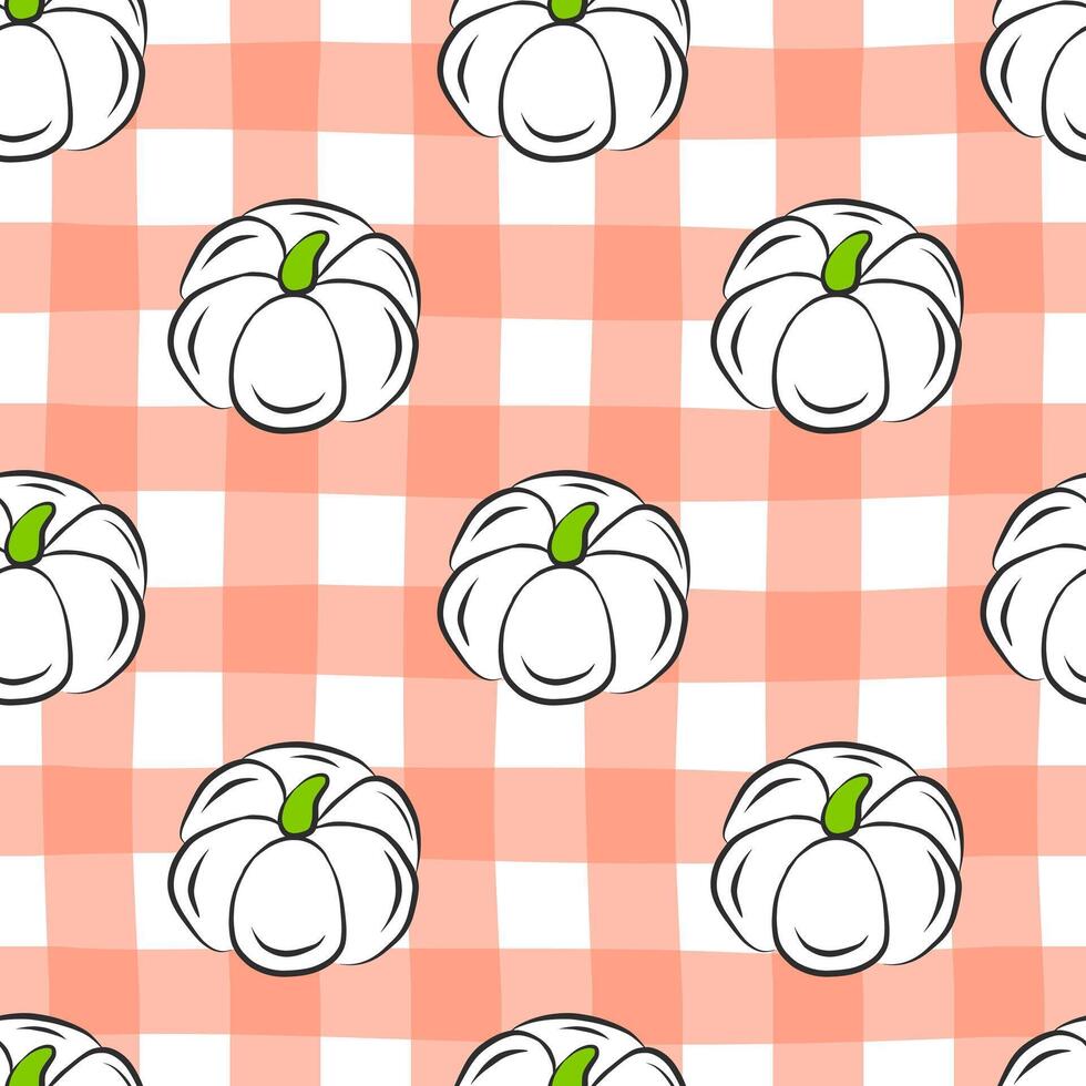 Fresh vegetable seamless pattern with pumpkins. Flat isolated fabric print template. Thanksgiving, harvesting concept backdrop. Farm food wrapping paper. Illustration in flat outline style. vector