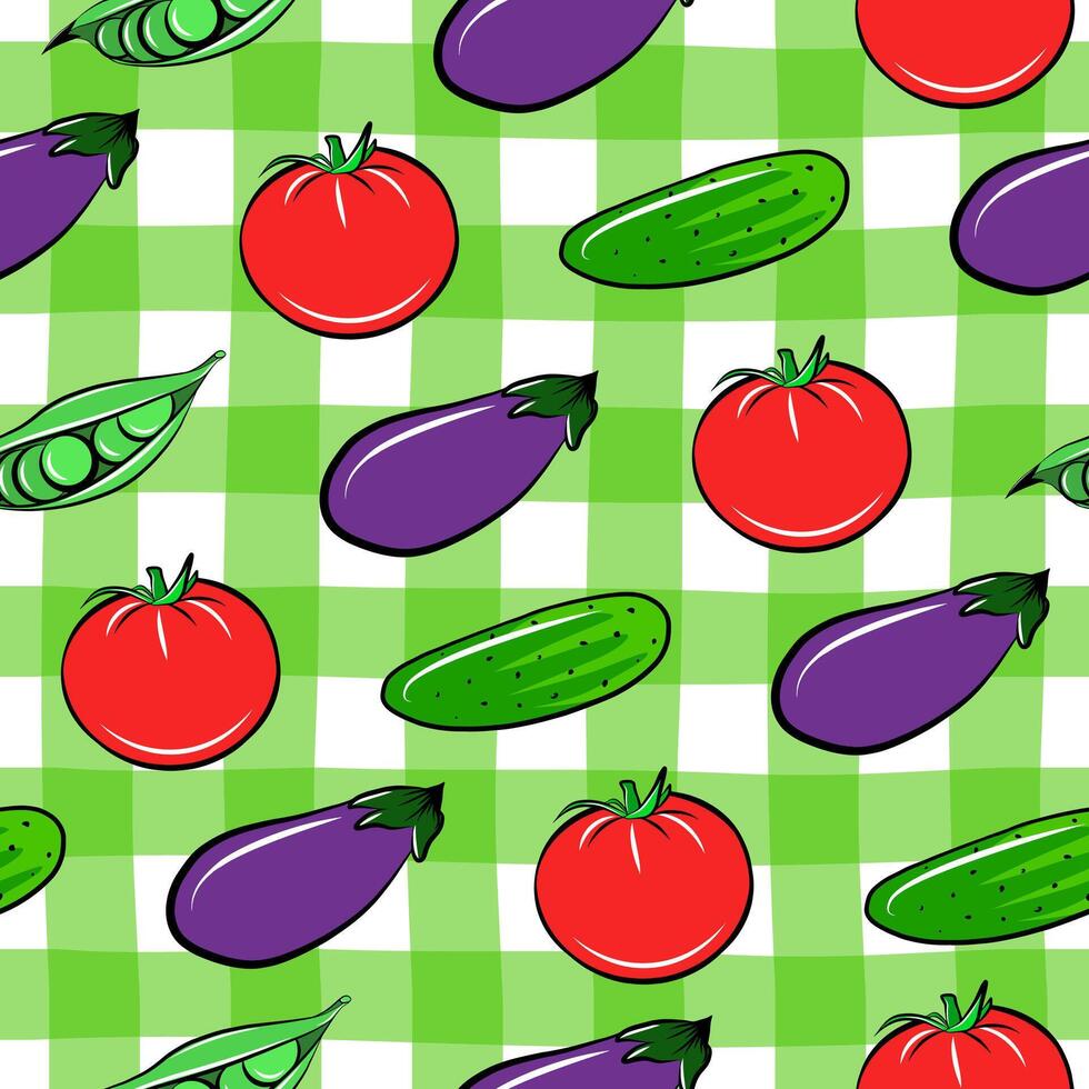 Fresh vegetable seamless pattern with eggplant, tomato, cucumber and green peas. Flat isolated fabric print template. Healthy eating diet backdrop. Farm food wrapping paper. vector