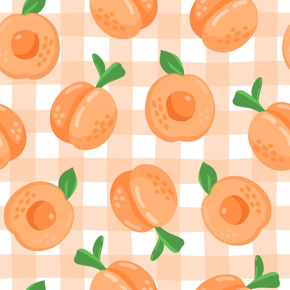 Colorful cartoon peach or apricot fruit seamless pattern isolated on white background. Doodle simple juicy food. Juice packaging design. Summer fabric print template. vector