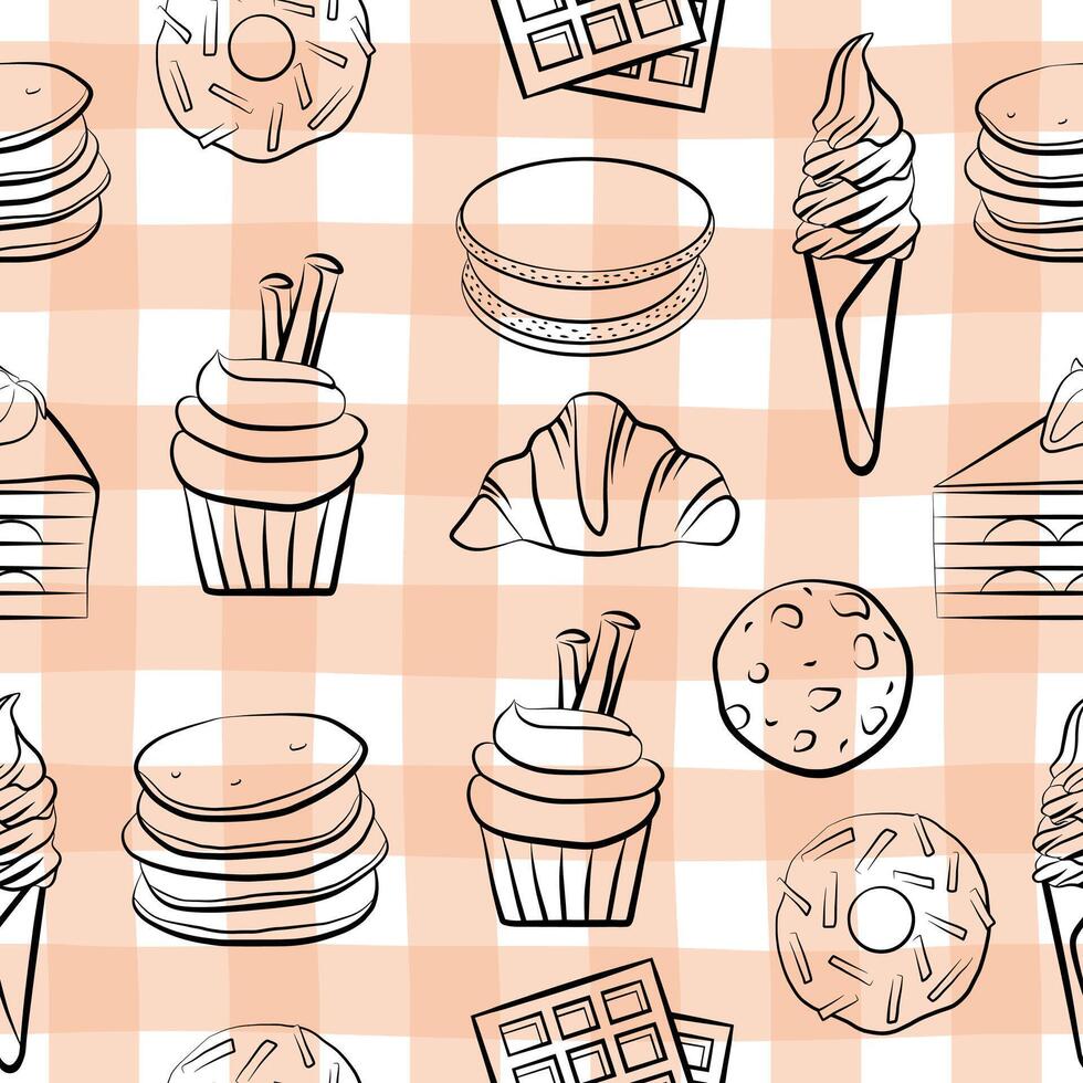 Sweet food outline sketch drawing seamless pattern template, isolated tasty kitchen background, simple doodle black chalkboard. Cookies, donut, cake, pancake, croissant, muffin. vector