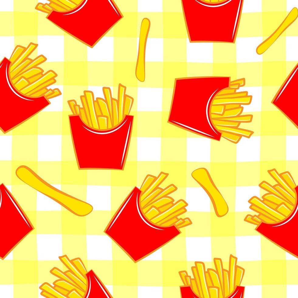 French fries fast food seamless pattern template. Unhealthy junk food wallpaper. Cartoon colorful flat illustration isolated on white background. vector