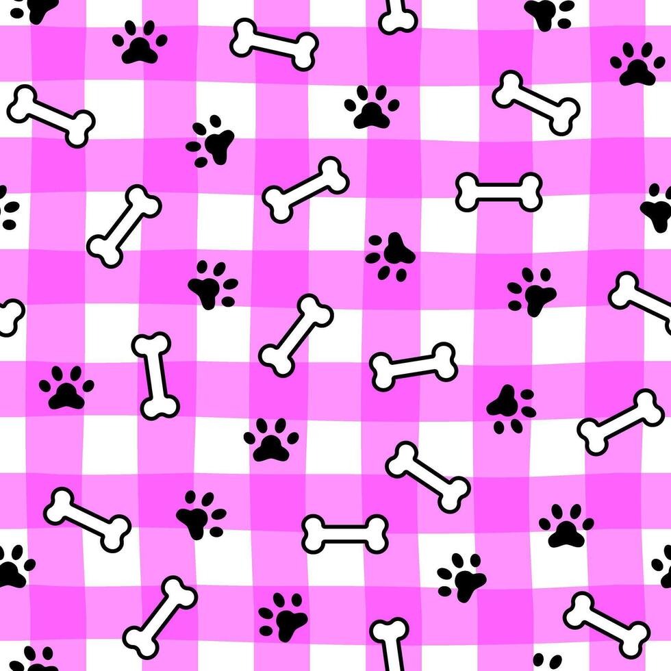 Cute seamless pattern dog paw prints and bones. Fabric print template. Doodle background. vector