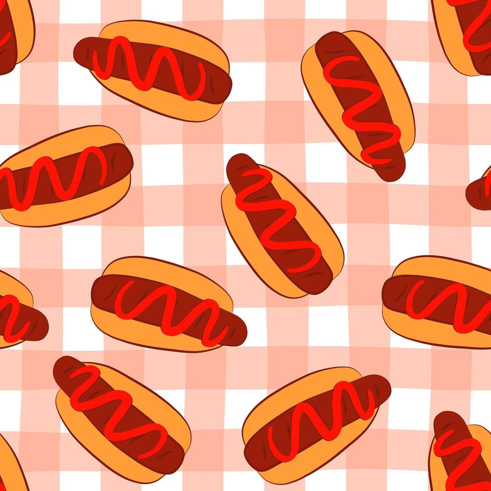 Cartoon hot dog fast food seamless pattern. Fabric print template vector