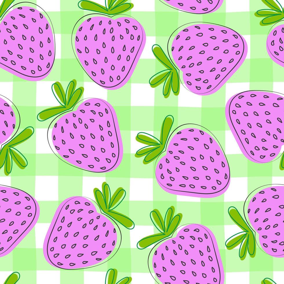 Colorful strawberry seamless pattern. Doodle fabric print template with berries. Hand drawn juicy fruit package design. vector