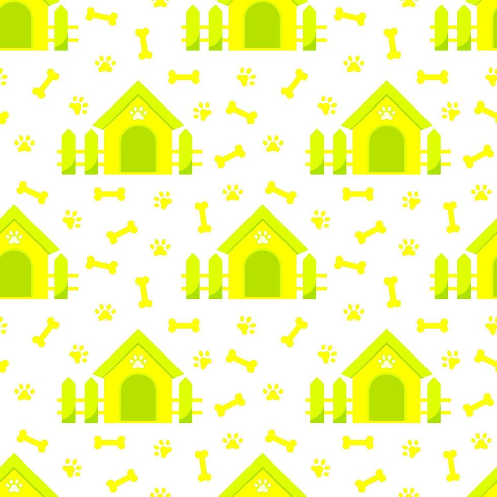 Funny doghouse, wooden kennel in cartoon style isolated on white background. Comic childish construction with dog paws, bones and wooden fence. Seamless pattern. vector