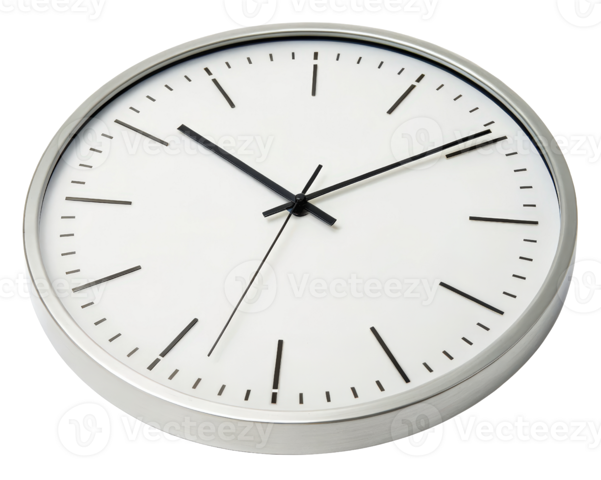 Round wall clock with silver frame on a transparent background png