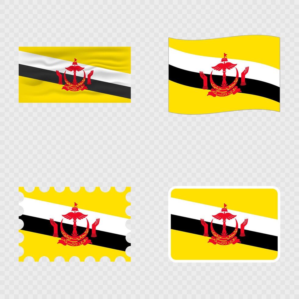 Brunei national flag in four different styles. vector