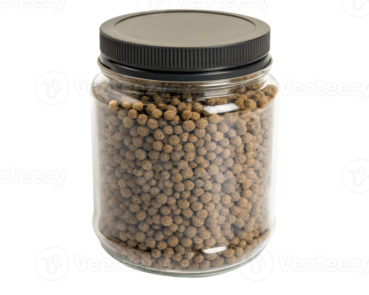 Jar of brown fish food pellets with black lid on a transparent background png