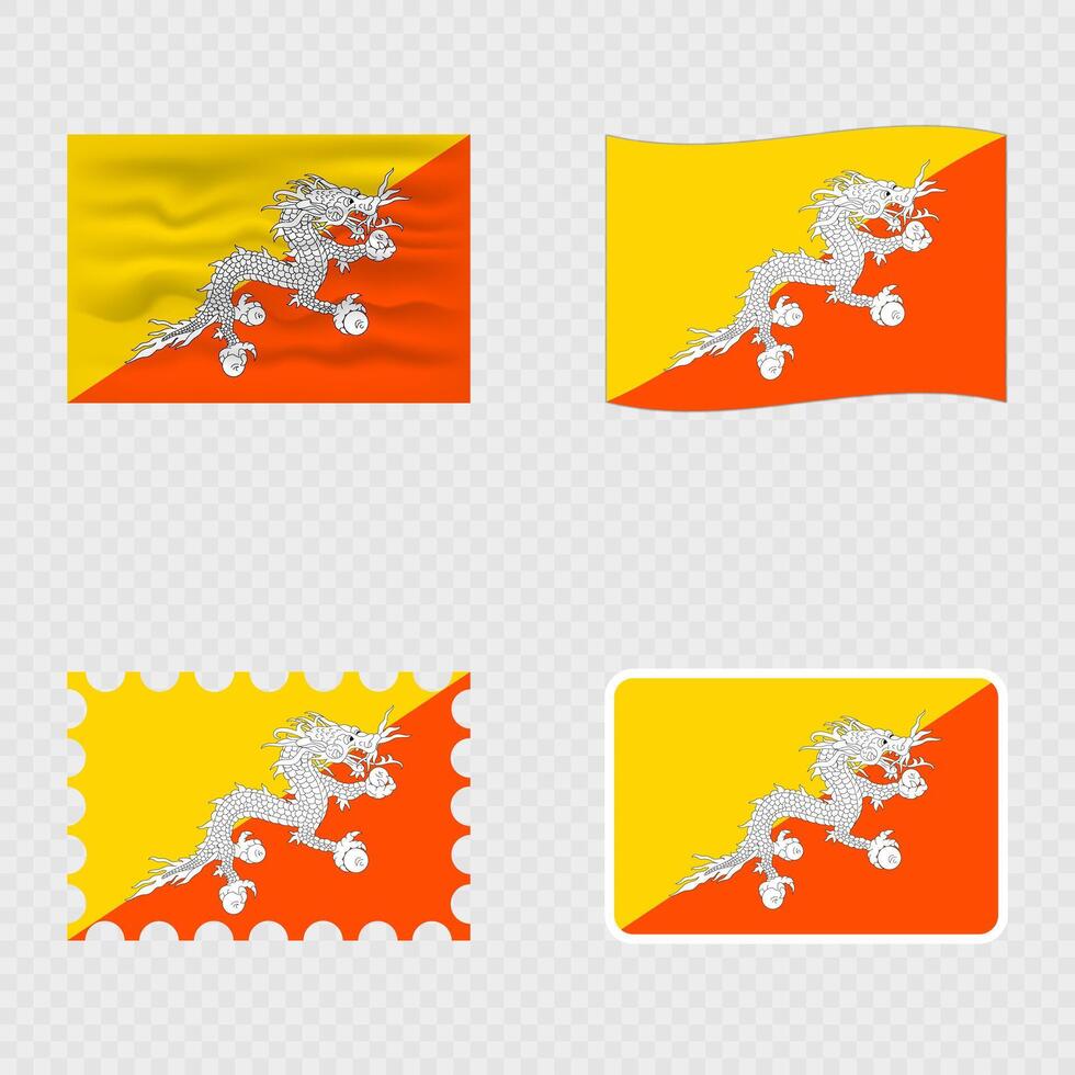Bhutan national flag in four different styles. vector