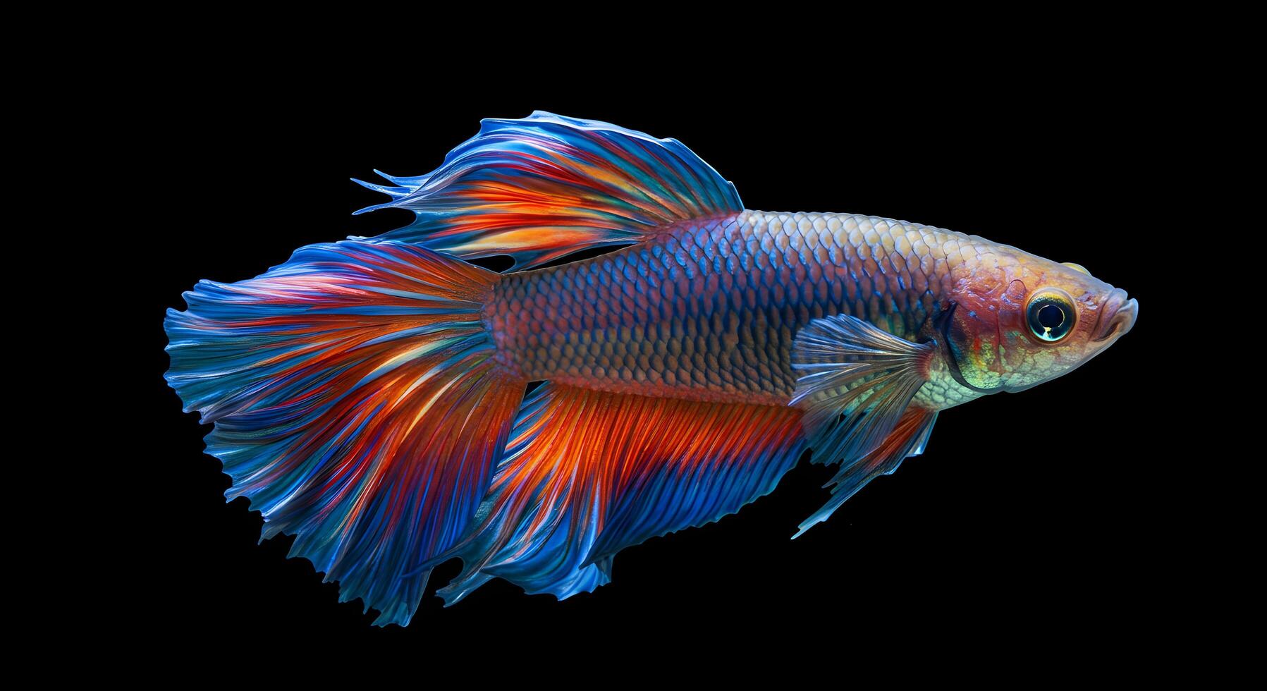 Betta Fish Swimming with Colorful Tail on Black Background in Studio photo
