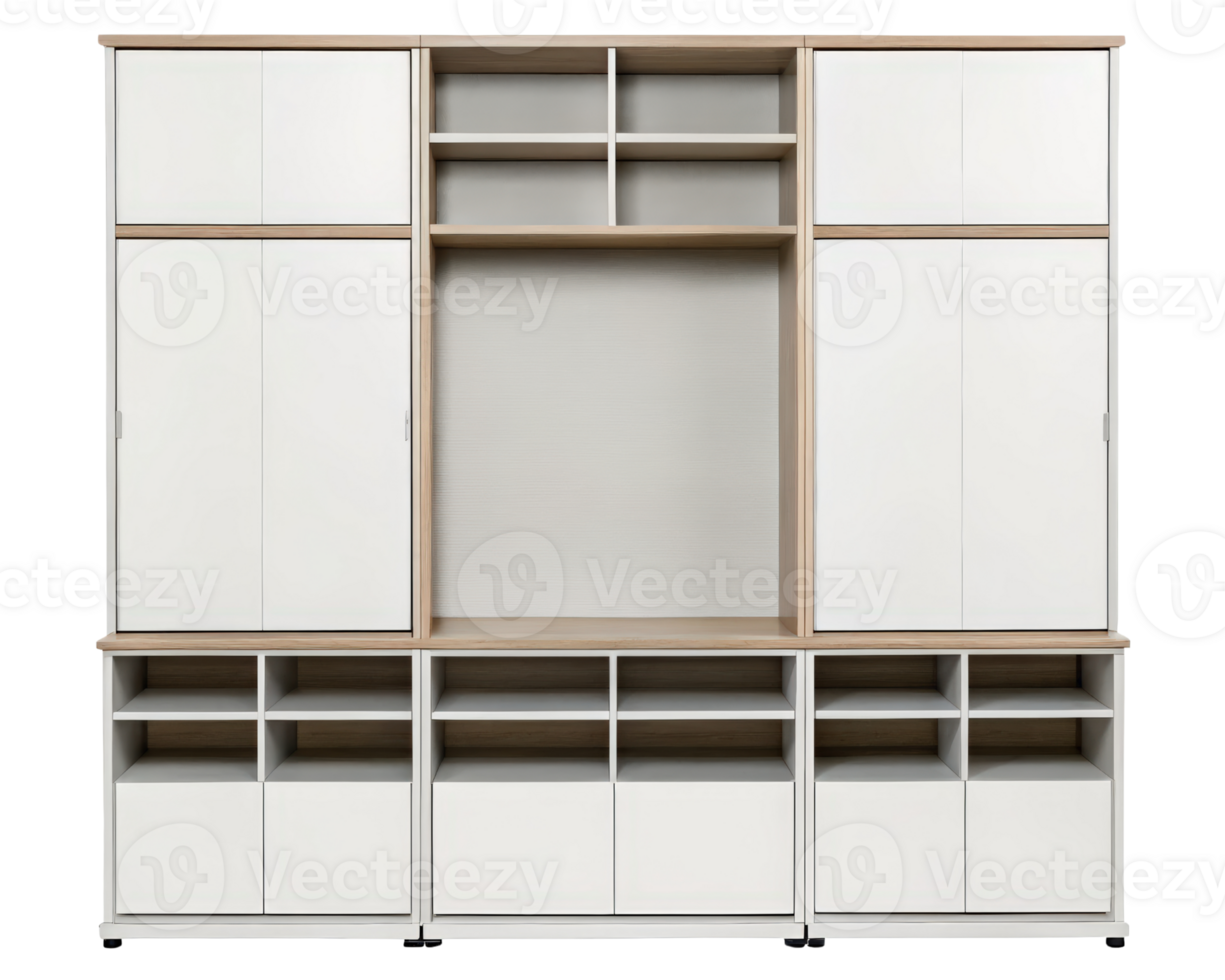 Modern white and wood wall unit with multiple storage compartments on a transparent background png