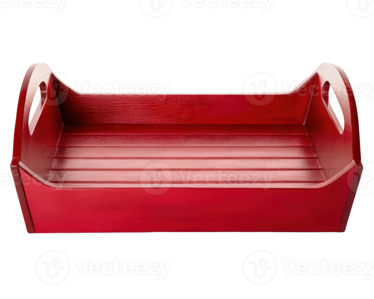 Red wooden tray with handles for serving on a transparent background png