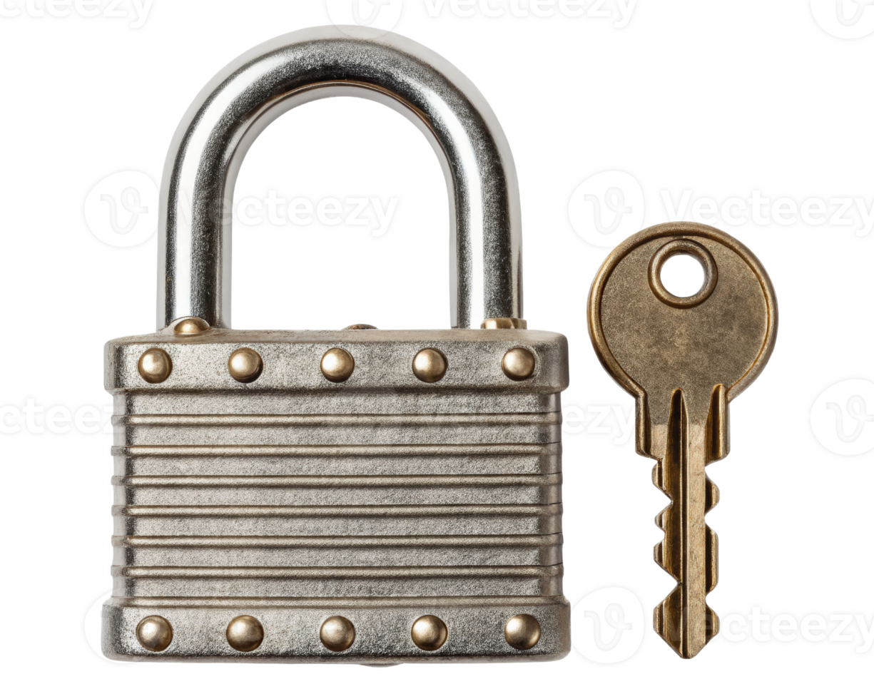 Padlock with antique key on a transparent background png