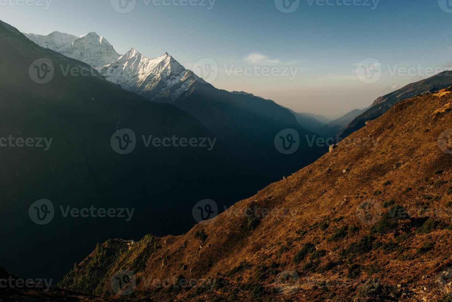 panorama view of Mount Everest massif Nuptse, Lhotse and Ama Dablam from Namche Bazar, Himalayas, Nepal.., photo