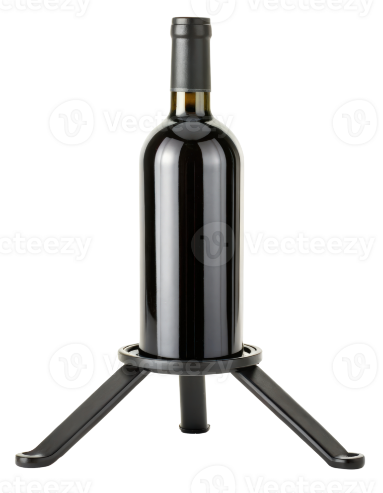Wine bottle stands securely in a metal holder on a transparent background png