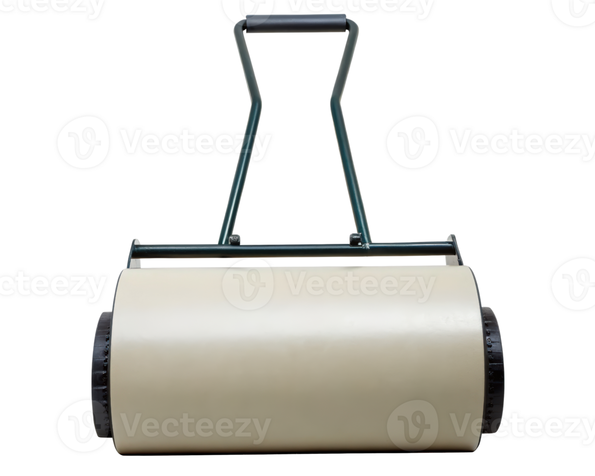 A lawn roller with a handle prepares soil for planting on a transparent background png