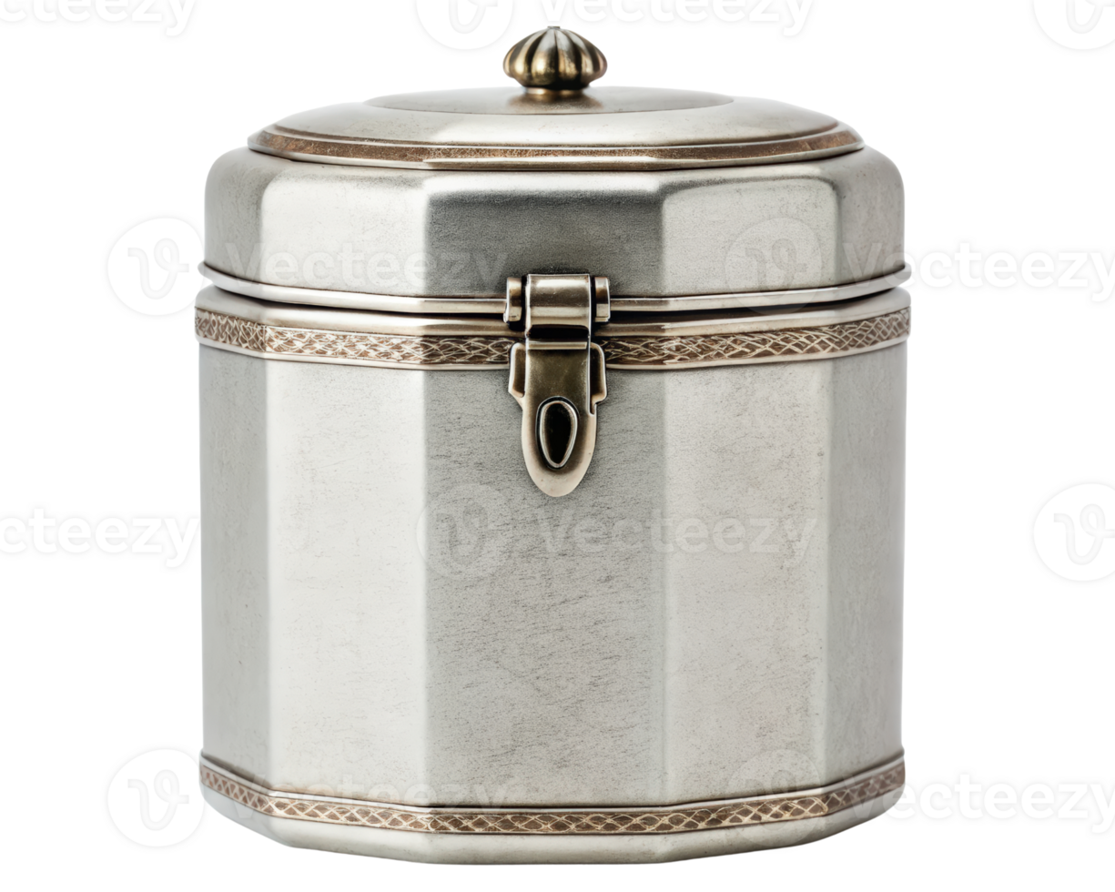 A vintage silver container with a lid on a transparent background png